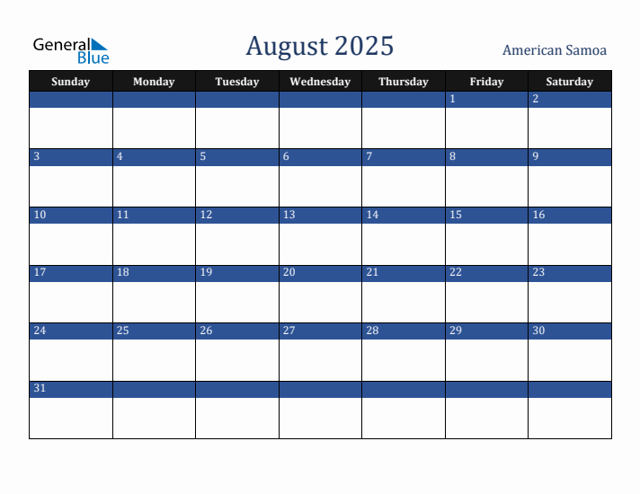August 2025 American Samoa Calendar (Sunday Start)