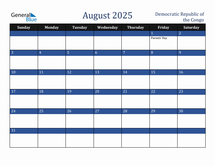 August 2025 Democratic Republic of the Congo Calendar (Sunday Start)