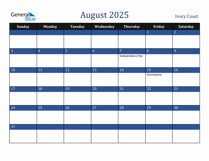 August 2025 Ivory Coast Calendar (Sunday Start)