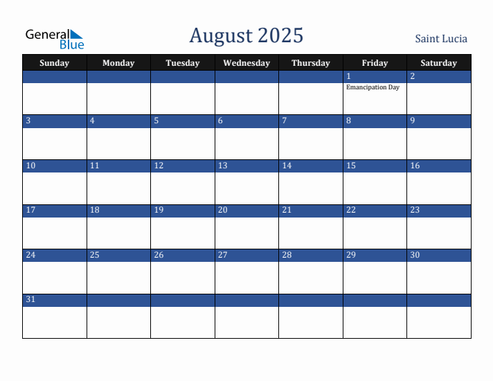 August 2025 Saint Lucia Calendar (Sunday Start)