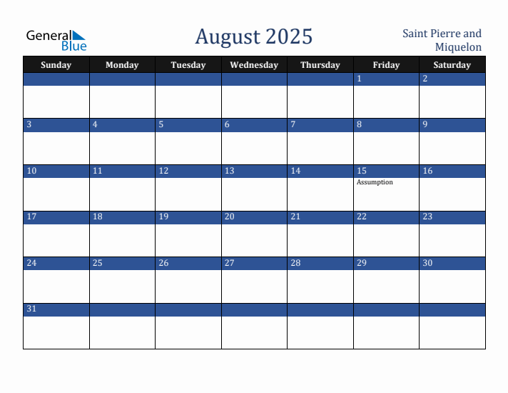 August 2025 Saint Pierre and Miquelon Calendar (Sunday Start)