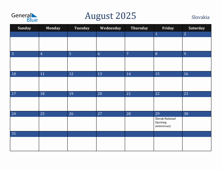 August 2025 Slovakia Calendar (Sunday Start)