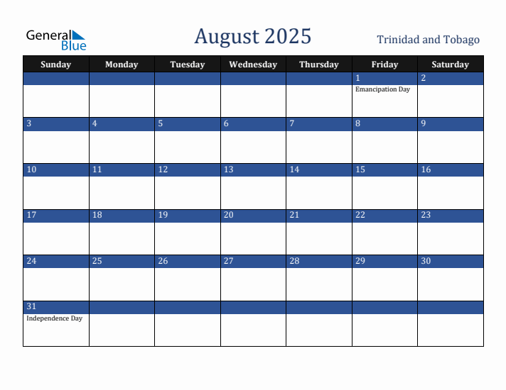August 2025 Trinidad and Tobago Calendar (Sunday Start)