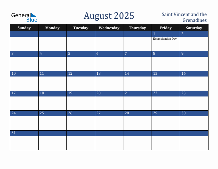 August 2025 Saint Vincent and the Grenadines Calendar (Sunday Start)