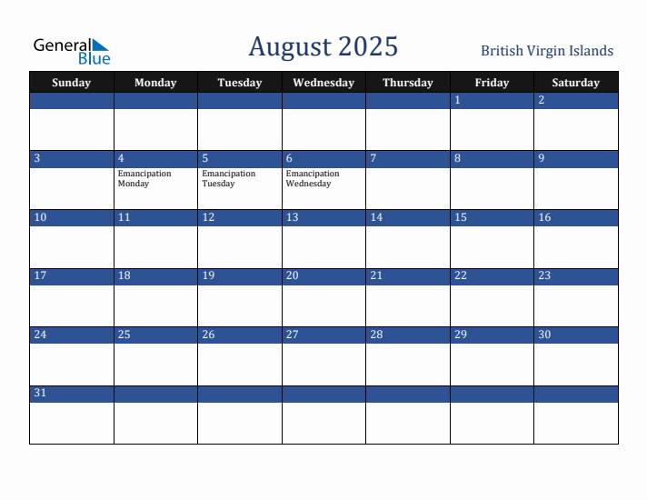 August 2025 British Virgin Islands Calendar (Sunday Start)