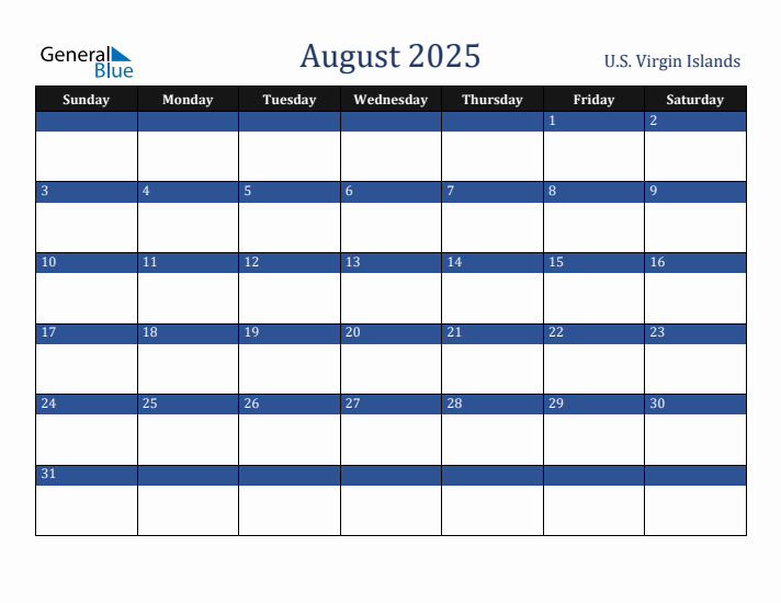 August 2025 U.S. Virgin Islands Calendar (Sunday Start)
