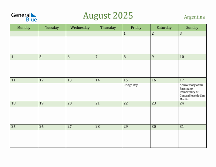 August 2025 Calendar with Argentina Holidays
