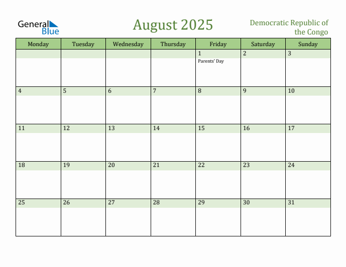 August 2025 Calendar with Democratic Republic of the Congo Holidays