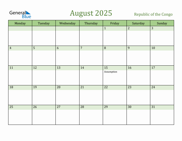 August 2025 Calendar with Republic of the Congo Holidays