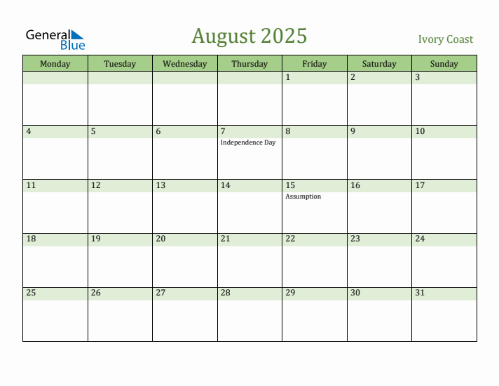 August 2025 Calendar with Ivory Coast Holidays