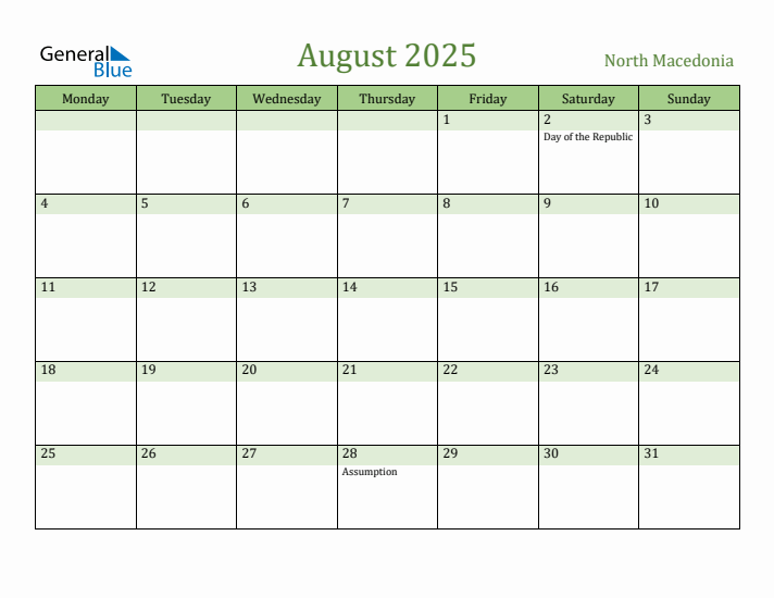 August 2025 Calendar with North Macedonia Holidays