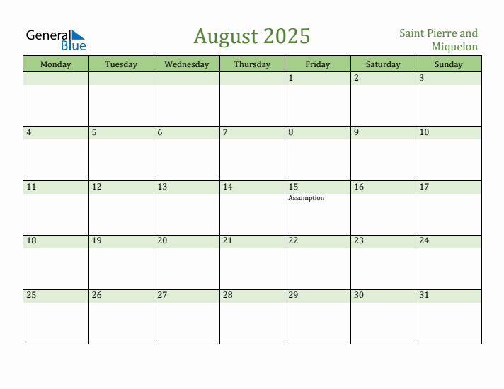 August 2025 Calendar with Saint Pierre and Miquelon Holidays