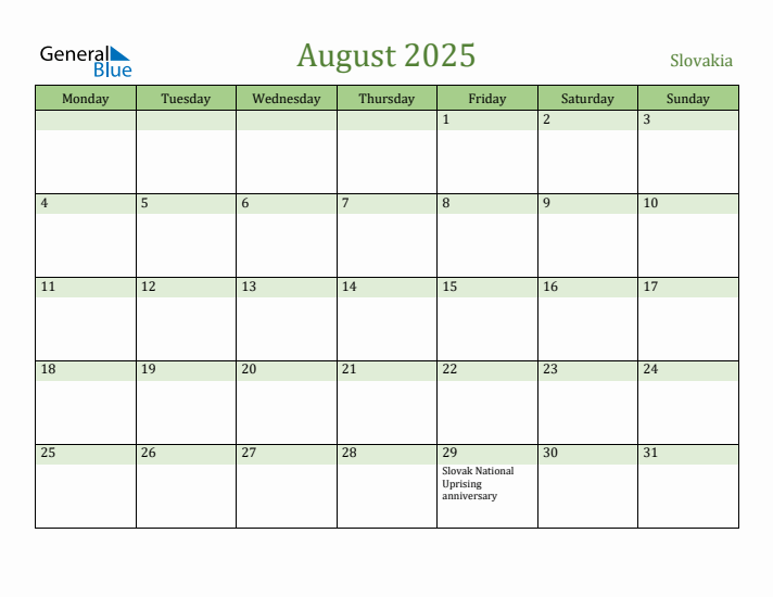 August 2025 Calendar with Slovakia Holidays