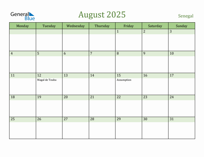 August 2025 Calendar with Senegal Holidays