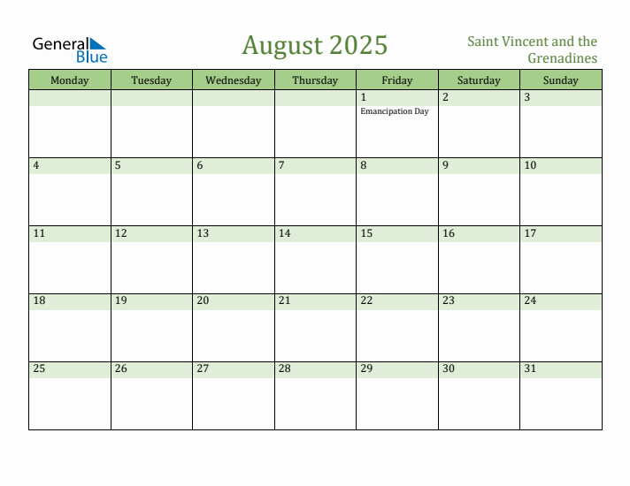August 2025 Calendar with Saint Vincent and the Grenadines Holidays