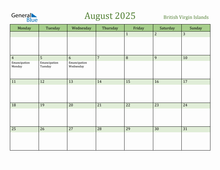 August 2025 Calendar with British Virgin Islands Holidays
