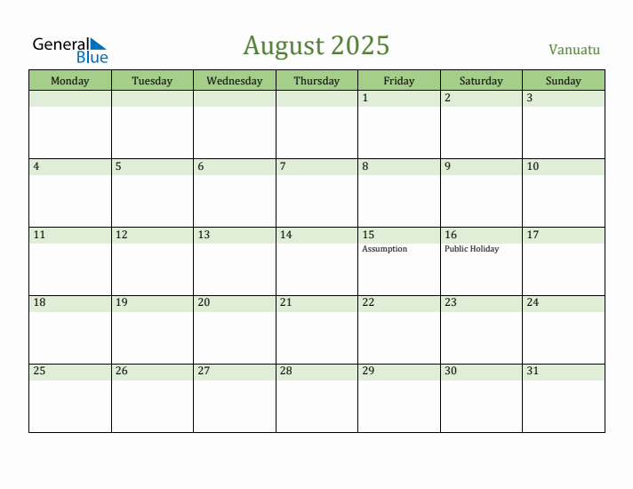 August 2025 Calendar with Vanuatu Holidays