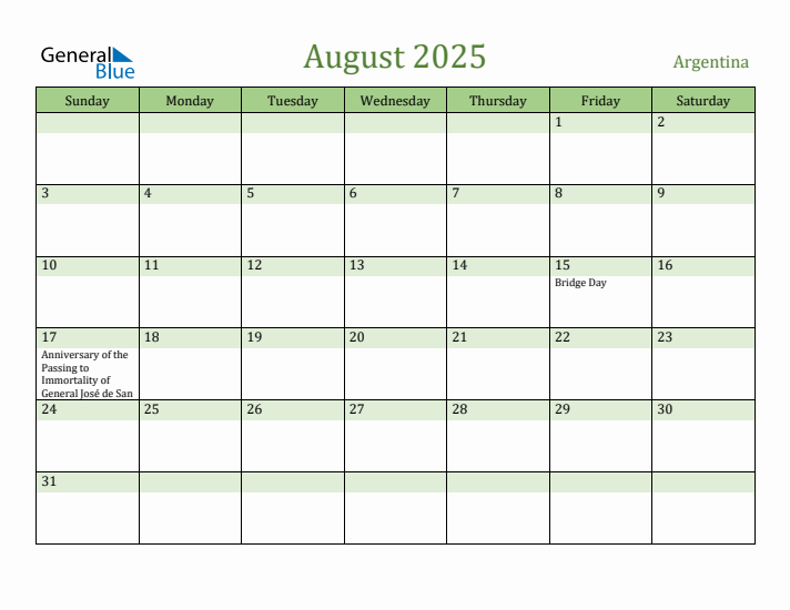 August 2025 Calendar with Argentina Holidays