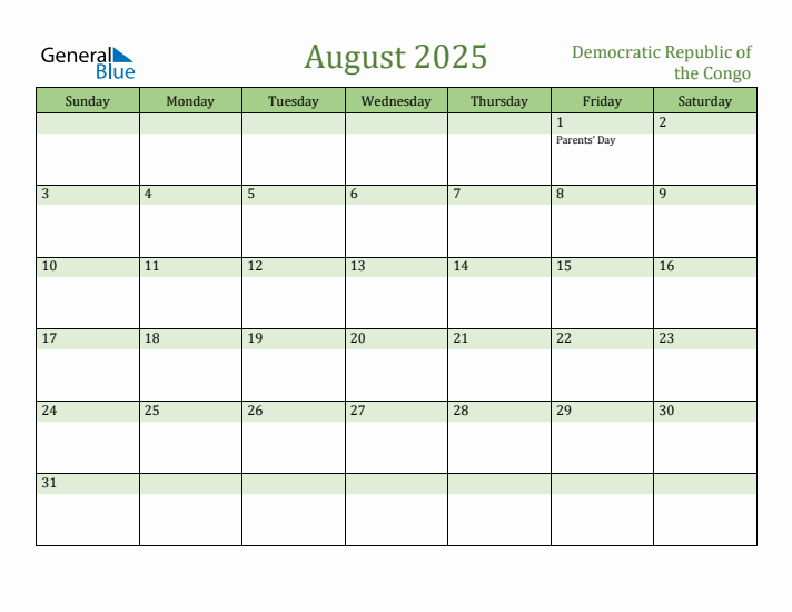 August 2025 Calendar with Democratic Republic of the Congo Holidays
