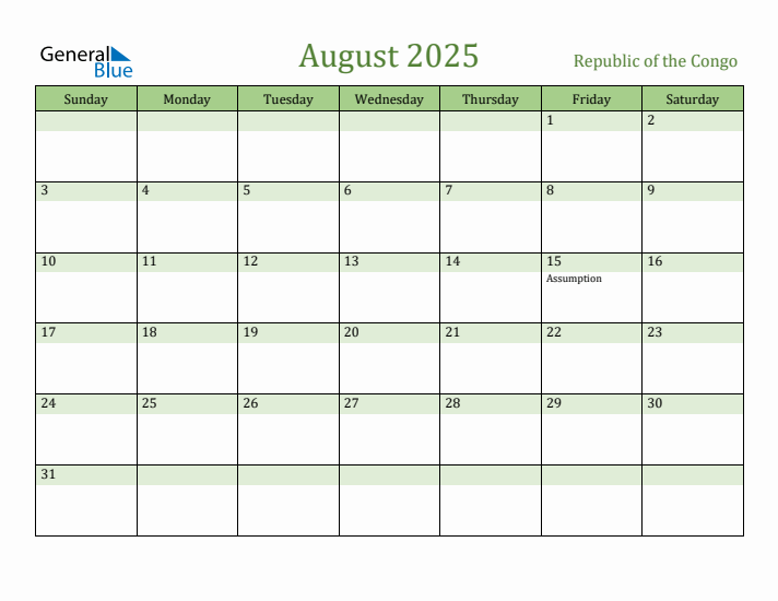 August 2025 Calendar with Republic of the Congo Holidays