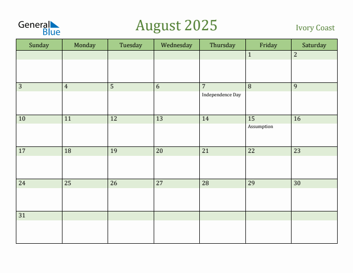 August 2025 Calendar with Ivory Coast Holidays