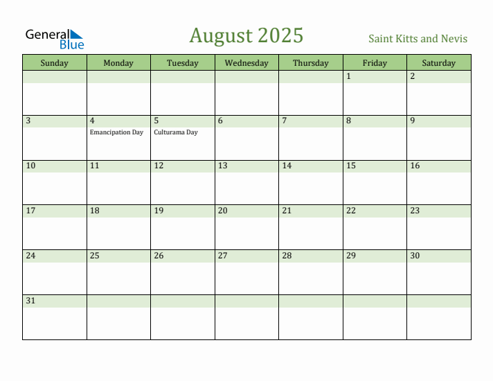 August 2025 Calendar with Saint Kitts and Nevis Holidays