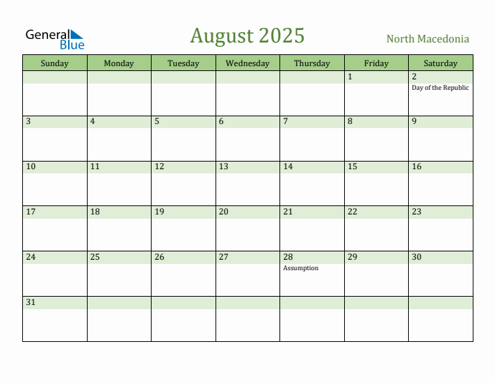 August 2025 Calendar with North Macedonia Holidays