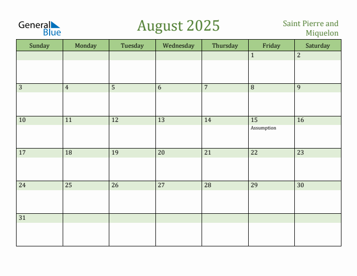 August 2025 Calendar with Saint Pierre and Miquelon Holidays