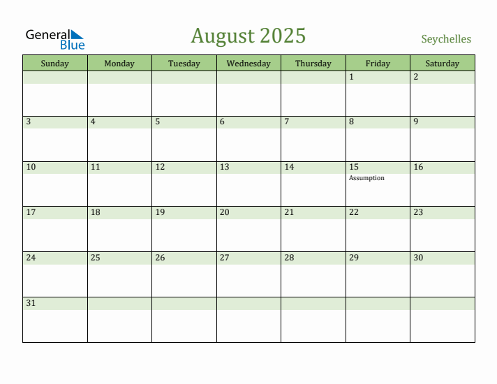 August 2025 Calendar with Seychelles Holidays