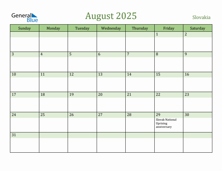 August 2025 Calendar with Slovakia Holidays