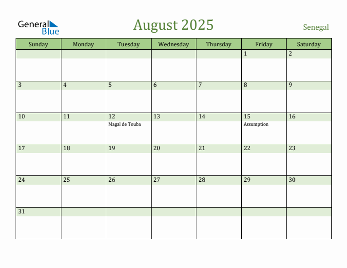 August 2025 Calendar with Senegal Holidays
