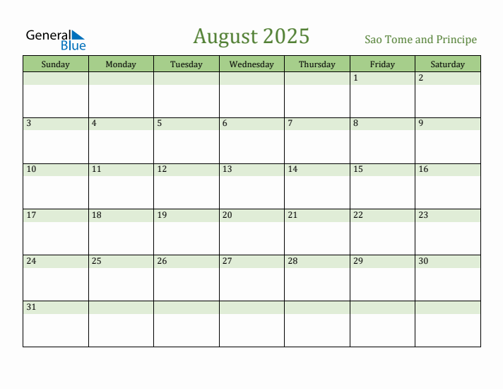 August 2025 Calendar with Sao Tome and Principe Holidays