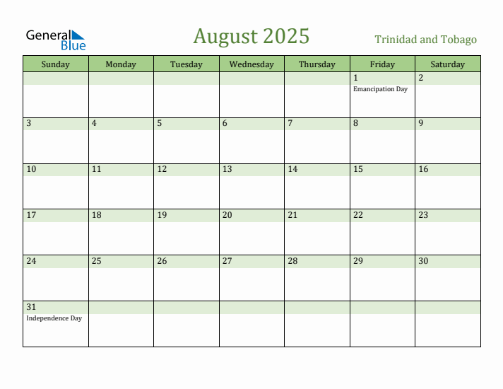 August 2025 Calendar with Trinidad and Tobago Holidays