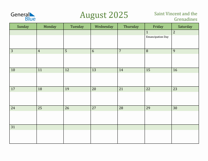 August 2025 Calendar with Saint Vincent and the Grenadines Holidays