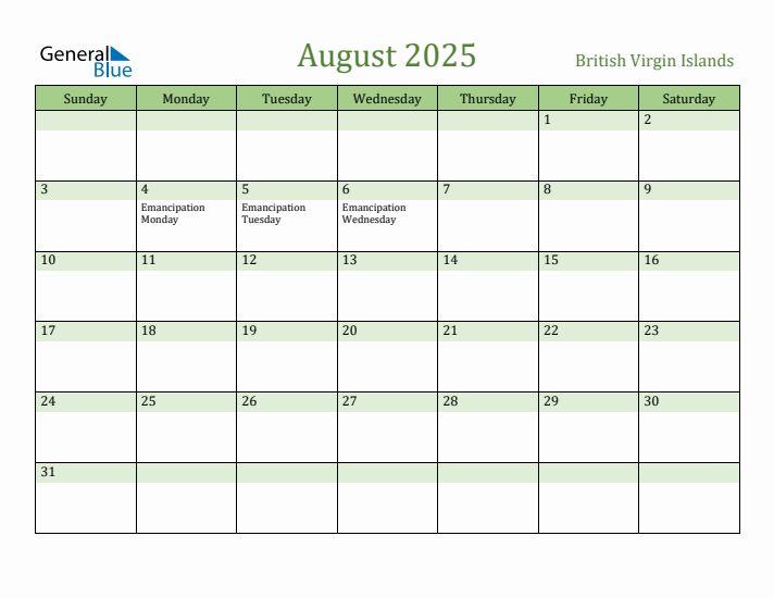 August 2025 Calendar with British Virgin Islands Holidays