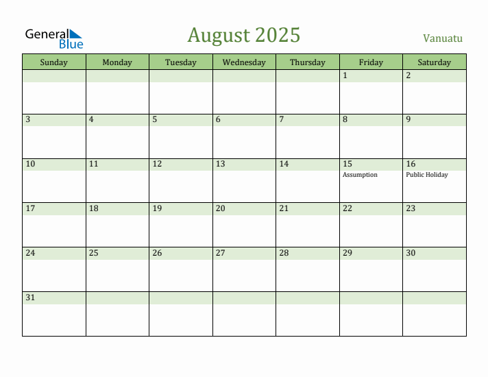 August 2025 Calendar with Vanuatu Holidays