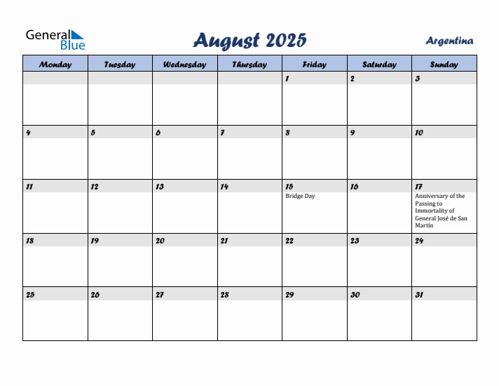 August 2025 Calendar with Holidays in Argentina