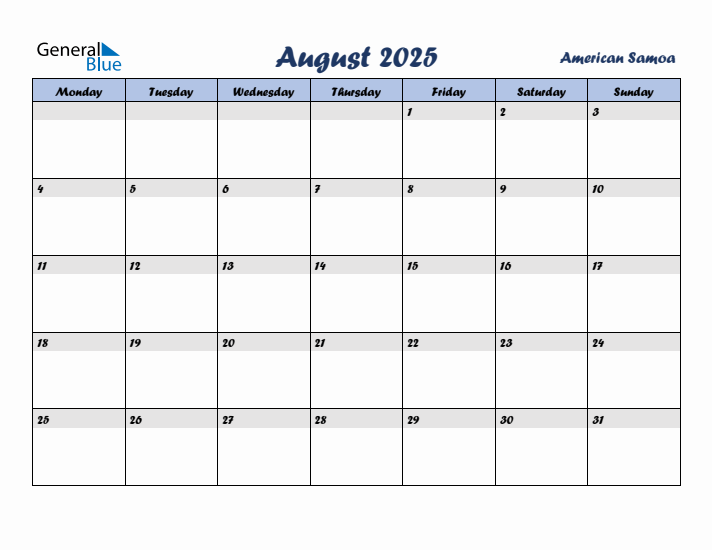 August 2025 Calendar with Holidays in American Samoa