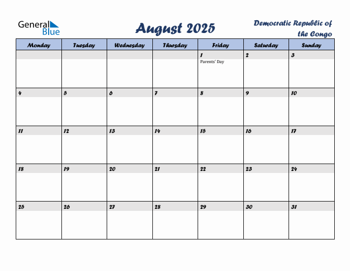 August 2025 Calendar with Holidays in Democratic Republic of the Congo