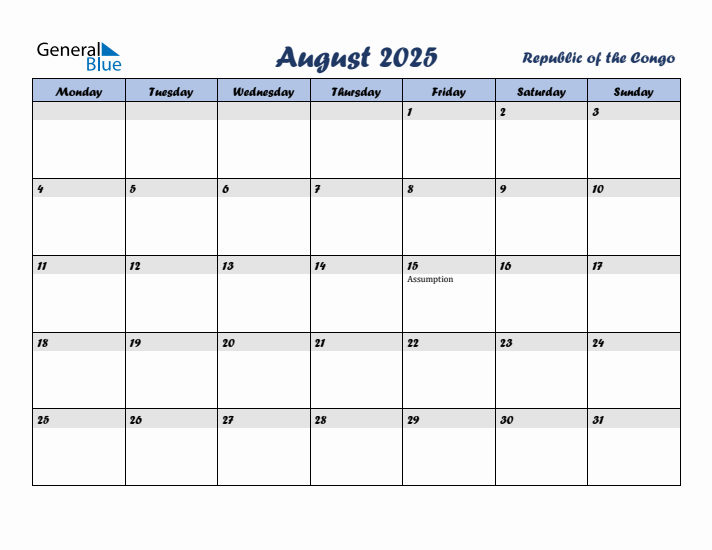 August 2025 Calendar with Holidays in Republic of the Congo