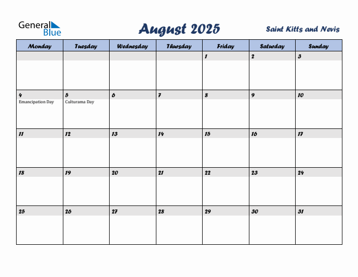 August 2025 Calendar with Holidays in Saint Kitts and Nevis