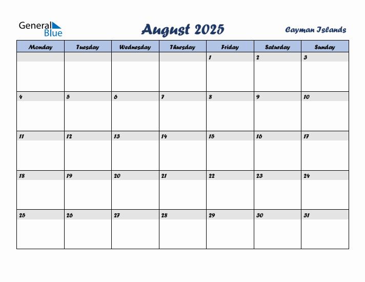 August 2025 Calendar with Holidays in Cayman Islands