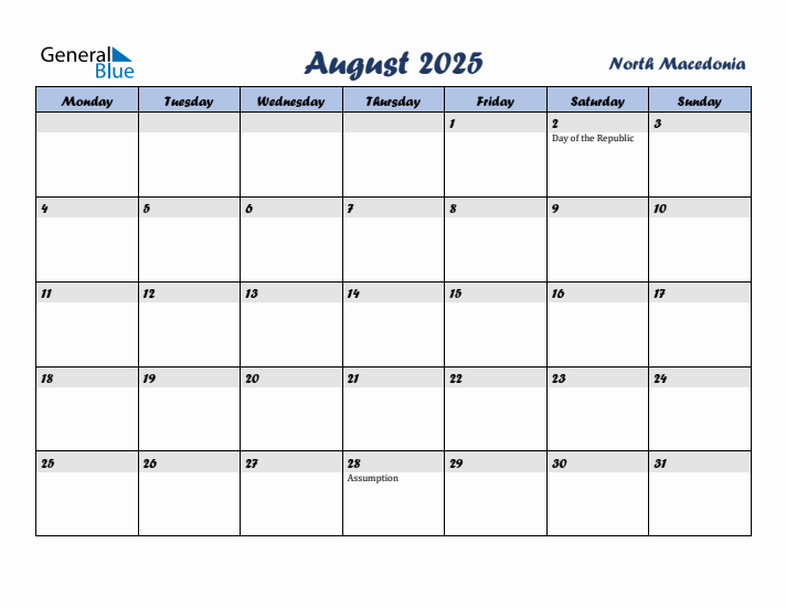 August 2025 Calendar with Holidays in North Macedonia