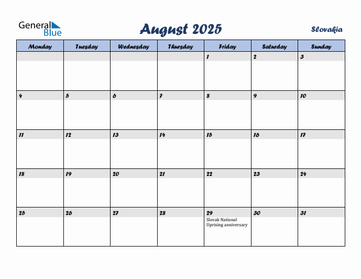 August 2025 Calendar with Holidays in Slovakia