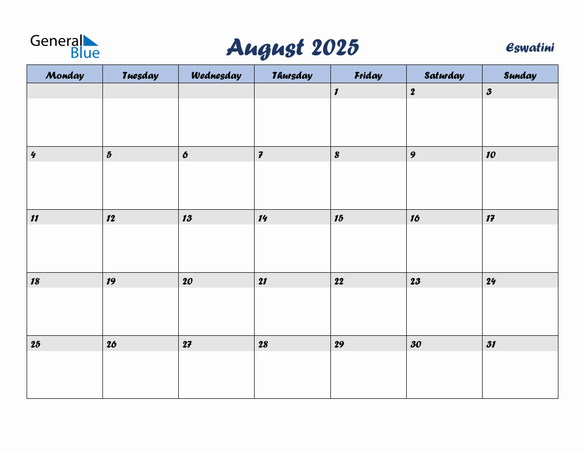 August 2025 Monthly Calendar Template with Holidays for Eswatini ...