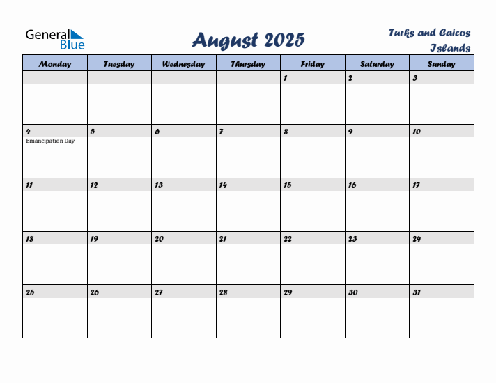 August 2025 Calendar with Holidays in Turks and Caicos Islands