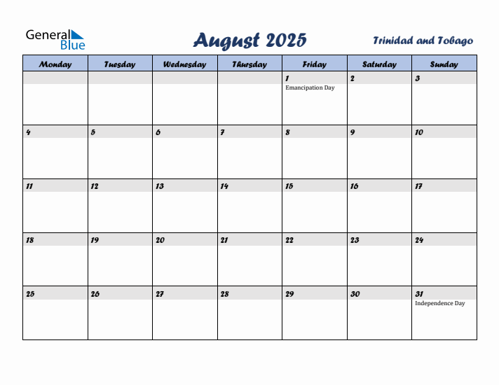 August 2025 Calendar with Holidays in Trinidad and Tobago
