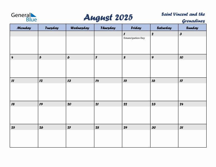 August 2025 Calendar with Holidays in Saint Vincent and the Grenadines