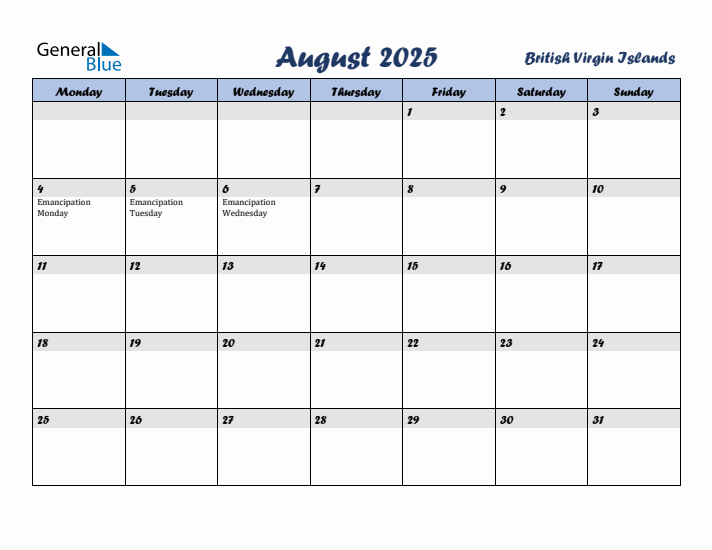 August 2025 Calendar with Holidays in British Virgin Islands