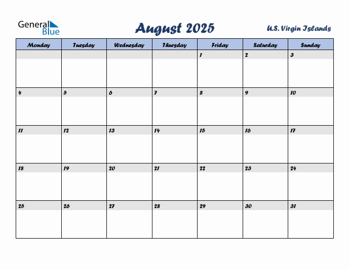 August 2025 Calendar with Holidays in U.S. Virgin Islands